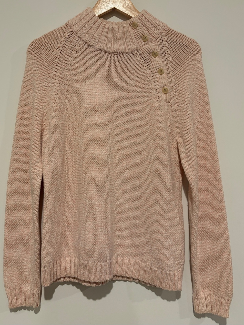 Chaps L Pink Button Mock Neck Cable Knit Raglan Sweater